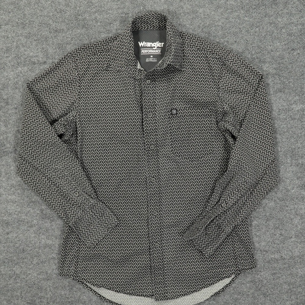 Wrangler Shirt Mens Medium Black‎ Performance Stretch Long Sleeve Geometric Wave